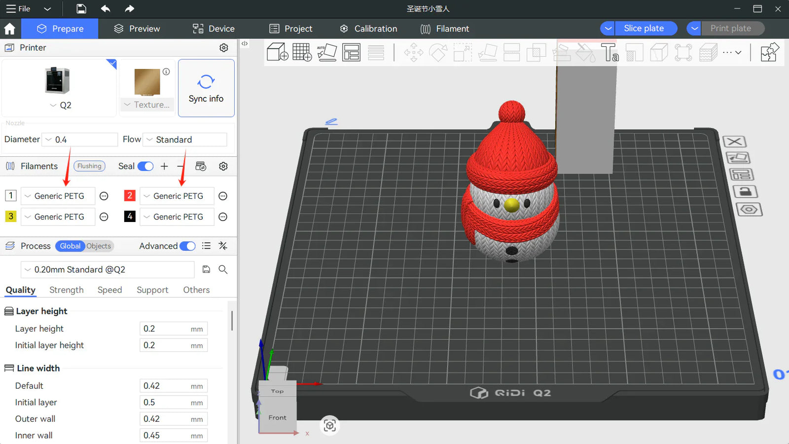 A 3D slicing software interface with a snowman model on the build plate and filament settings showing "Generic PETG"