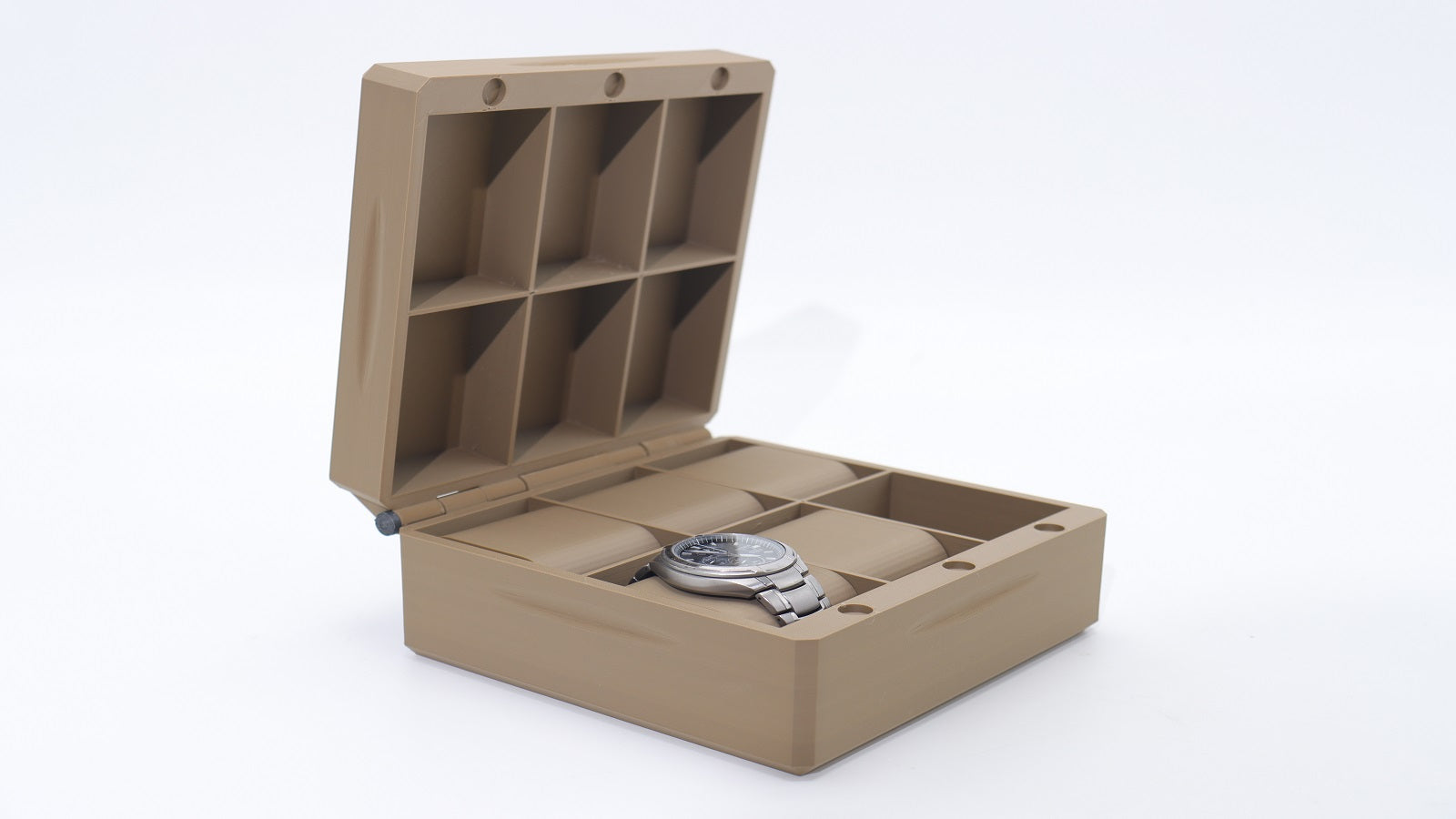 3D‑printed watch storage case with divided compartments, open lid showing a neatly organized wristwatch tray
