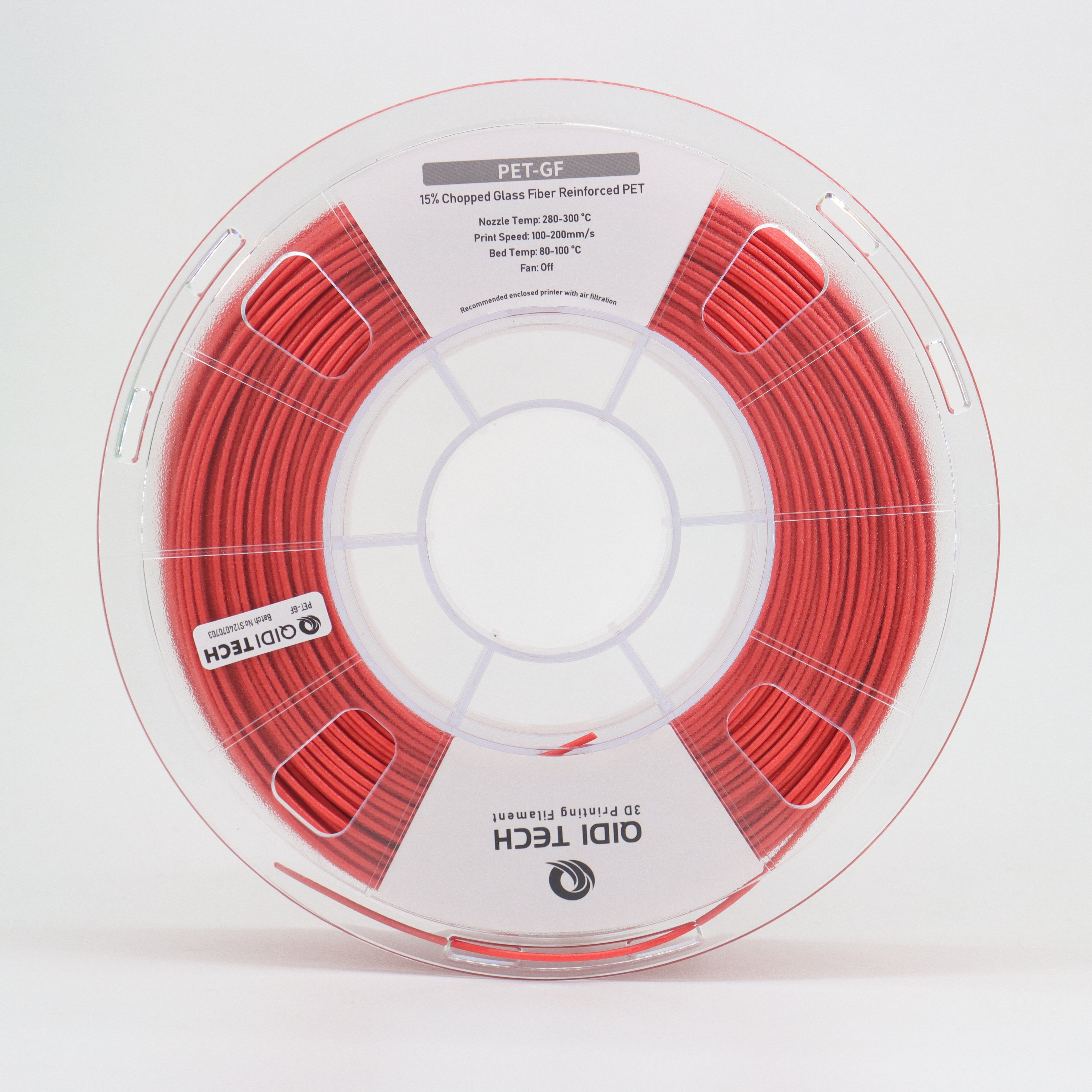 Red QIDI PET-GF filament spool, 3D printing material.