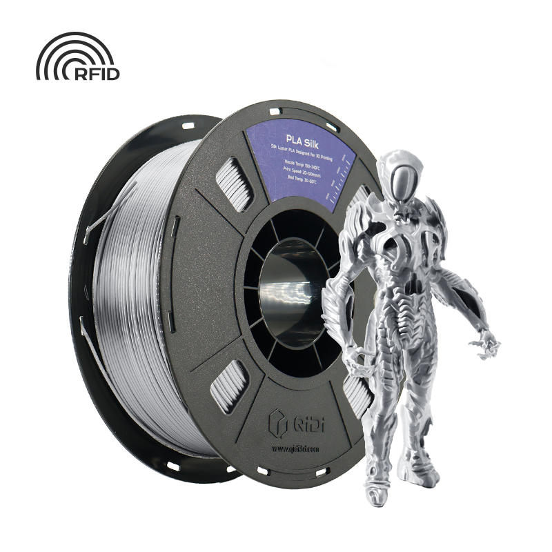 Silver QIDI PLA Silk filament spool with RFID tag for automatic filament identification, product photo isolated on white.