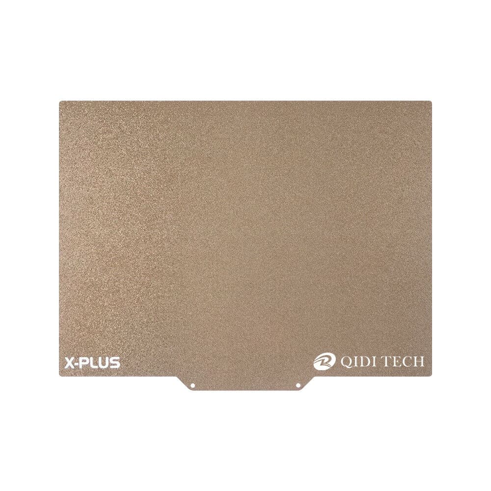 QIDI X-Plus/I-Mates PEI build plate with textured gold surface and QIDI TECH logo.